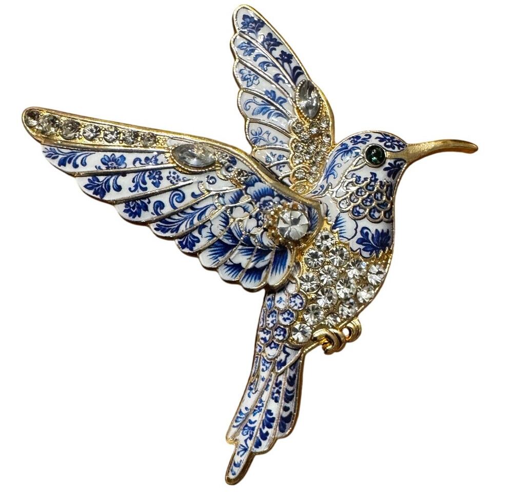 Hummingbird Brooch Blue White Enamel Gold Tone Rhinestone Delft Chinoiserie Pin